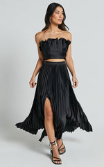 Reign Two Piece Set - Ruffle Crop Top and Thigh Split Midi Skirt in Black