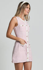 River Mini Dress - Boucle Button Through A Line Dress with Hardware Detail in Light Pink