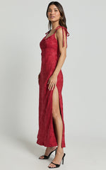 Romarie Maxi Dress - Tie Shoulder Backless Jacquard Dress in Red