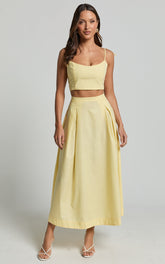 Rosalee Two Piece Top and Skirt Set - Strappy Crop Top and High Waisted A Line Midi Skirt Set in Yellow