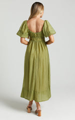 Roshina Midi Dress - Straight Neck Puff Sleeve Dress in Olive