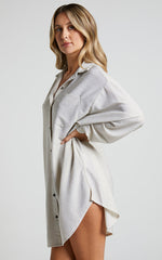 Ruri Mini Dress - Sparkly Oversized Shirt Dress in Neutral