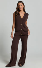 Sasha Top - Knitted Button Through V Neck Sleeveless Top in Chocolate
