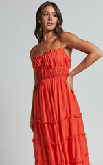 Schiffer Midi Dress - Strappy Ruched Tie Front Tiered Dress in Red Orange
