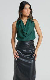 Serena Top - Cowl Neck Sleeveless Top in Forest Green