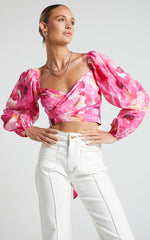 Shairah Top - Long Sleeve Tie Back Wrap Crop Top in Sunset Rainbows