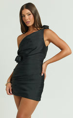 Sheeran Mini Dress - One Shoulder Rose Gathered Dress in Black