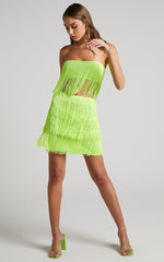 Siofra Two Piece Set - Fringe Crop Top and Mini Skirt Set in Lime