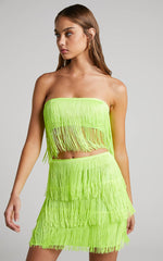 Siofra Two Piece Set - Fringe Crop Top and Mini Skirt Set in Lime