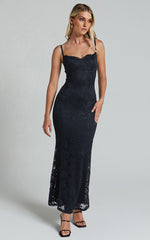 Westina Midi Dress - Sweetheart Sleeveless Lace Floral Detail Dress in Black