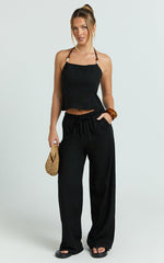 Zia Two Piece Set - Beaded Top and Wide Leg Pant Set in Black