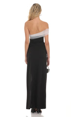 Off Shoulder Tulle Sleeve Maxi Dress in Black