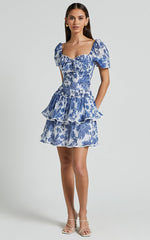 Liana Top - Short Sleeve Bustier Top in White and Blue Floral
