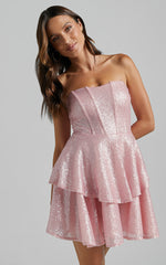Mabel Mini Dress - Strapless Sweetheart Neck Tiered in Pink