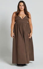 Haydie Maxi Dress - V Neck Thigh Split Dress in Chocolate