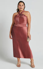 Marlette Midi Dress - Pleated Open Back Halter Dress in Rust