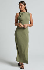 Jessenia Midi Dress - Linen High Neck Dress in Olive