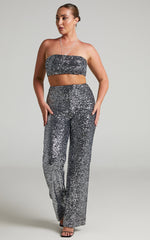 Imogen Two Piece Set - Bandeau Top and Straight Pants Set in Gunmetal