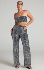 Imogen Two Piece Set - Bandeau Top and Straight Pants Set in Gunmetal