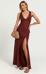 Adalita Midi Linen Blend Dress - V Neck Cowl Back Bias Cut Dress in Chocolate