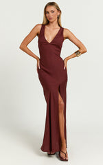 Adalita Midi Linen Blend Dress - V Neck Cowl Back Bias Cut Dress in Chocolate