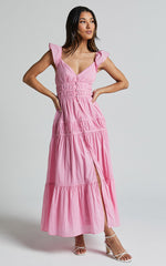 Addi Midi Dress - Button Front Plunge Neck Short Flutter Sleeve Tiered in Pink