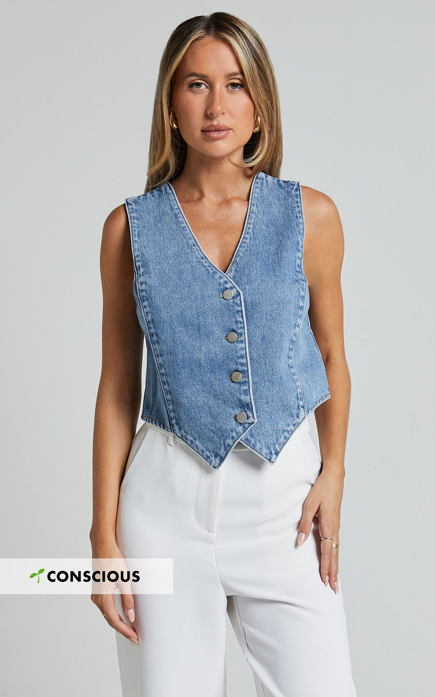 Adriene Top - Button Through Denim Vest in Mid Blue Wash