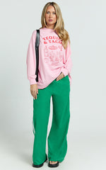 Aina Two Piece Set - Tequila & Tacos Long Sleeve Tee and Pants Set in Pink / Green