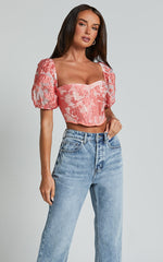 Aislin Top - Puff Sleeve Sweetheart Jacquard Corset in Apricot