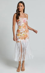 Alana Midi Dress - Embroidered Lace Dress With Fringing Detail in Pink