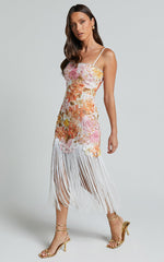 Alana Midi Dress - Embroidered Lace Dress With Fringing Detail in Pink