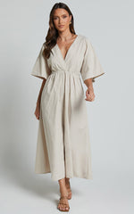 Alectra Midi Dress - Plunge Neck 3/4 Sleeve Cross Back A Line Dress in Stone