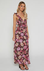 Alessa Midi Dress - V Neck Frill Detail Empire Waist Back Cut Out Dress in Wine Floral