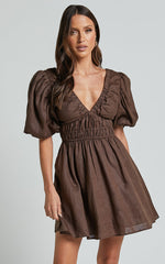 Amalie The Label - Khaila Linen Plunge Puff Sleeve Mini Linen Dress in Chocolate