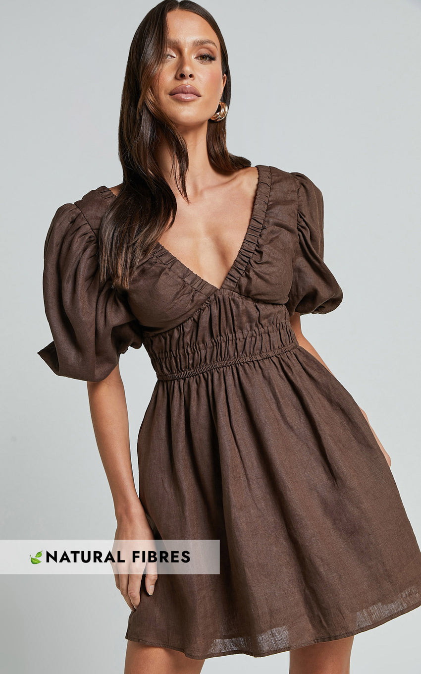 Amalie The Label - Khaila Linen Plunge Puff Sleeve Mini Linen Dress in Chocolate