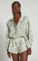 Anka Playsuit - Relaxed Button Front Shirt Playsuit in Green Floral