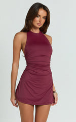 Anthonia Mini Dress - Halter Neck Dress in Wine