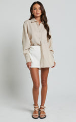 Anziel Top - Oversized Long Sleeve Linen Blend Shirt in Oatmeal