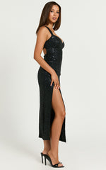 Arizza Midi Dress - Open Back Sequin Knit Dress in Black