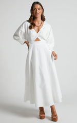 Ashtina Midi Dress - V Neck Cut Out Puff Sleeve Dress in White
