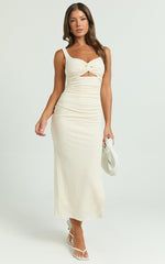 Bianca Midi Dress - Twist Front Cut Out Ruched Dress in Cream