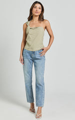 Bobbi Top - Linen Look Knot Detail One Shoulder Top in Sage