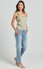 Bobbi Top - Linen Look Knot Detail One Shoulder Top in Sage