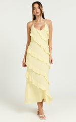 Brayden Midi Dress - V Neck Ruffle Dress in Lemon