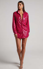 Cally Mini Dress - Oversized Shirt Dress in Cherry Sequin