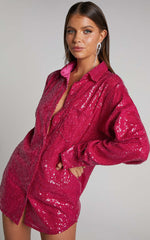 Cally Mini Dress - Oversized Shirt Dress in Cherry Sequin
