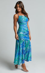 Carlyn Midi Dress - One Shoulder Ruched Dropped Waist Dress in Green