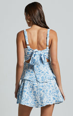 Cassia Mini Dress - Ruched Bust Sleeveless Layered Dress in Blue and White Print