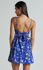 Castella Mini Dress - Strappy V Neck Tie Back in Blue Floral