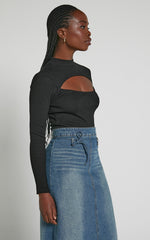 Cynlee Bodysuit - Cut Out Long Sleeve Bodysuit in Black